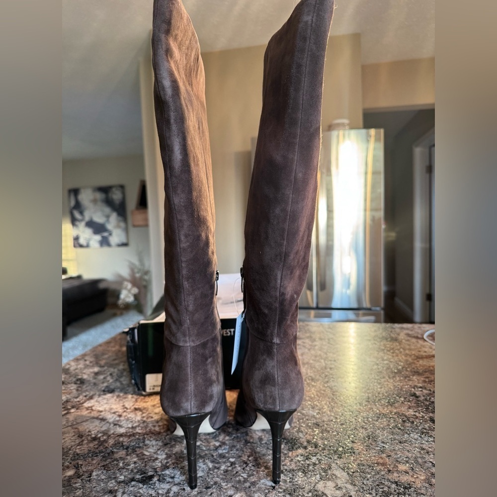 Nine West Taupe Suede Knee-High Heeled Boots - Picture 4 of 6